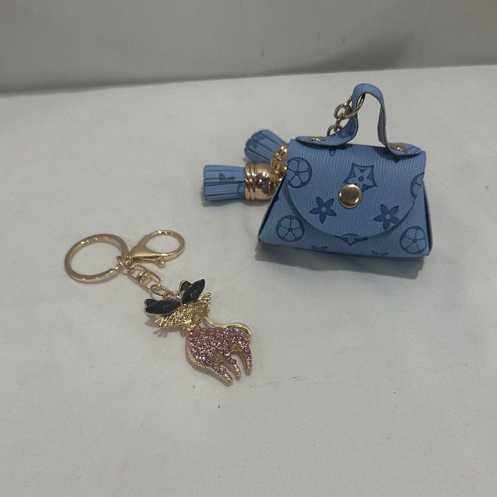 Blue Mini Handbag Keychain with Gold and Pink Charm